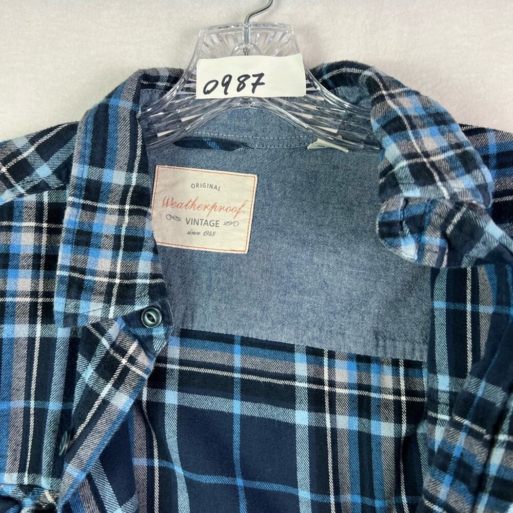 Original Weatherproof Flannel Shirt Men's Size Medium Blue Plaid Button Down - Picture 3 of 10